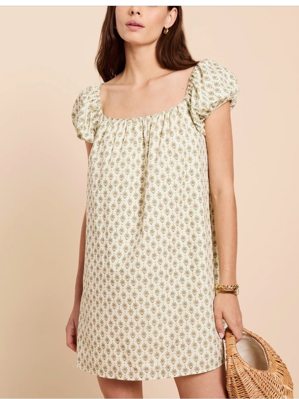 Kourt , Mini Cotton Dress , 
NWT Cream Floral Square-Neck Puff Sleeves